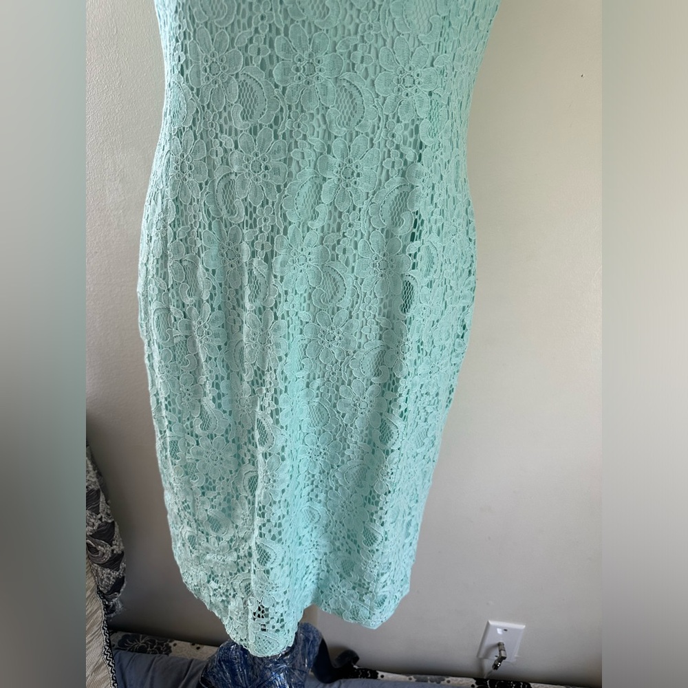 Lauren Ralph Lauren dress sea foam green teal lace overlay lined knee length 12 - Picture 4 of 11